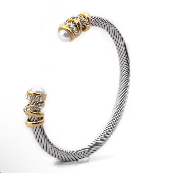 Silver Twisted Rhinestone & Pearl Cable Cuff Bangle Womens Bracelet New - Picture 1 of 4